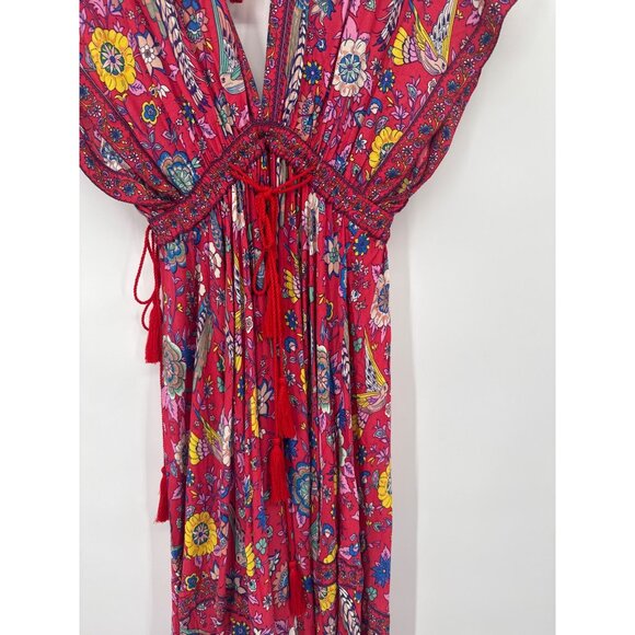 R Vivimos Bohemian Red Floral Maxi Dress womens Tassel Tie size meium - Picture 3 of 7